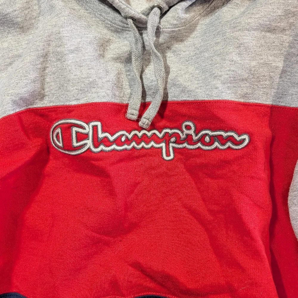 Champion Colorblock Pullover Hoodie Women's Medium Gray Red Blue Logo Front - Picture 4 of 16